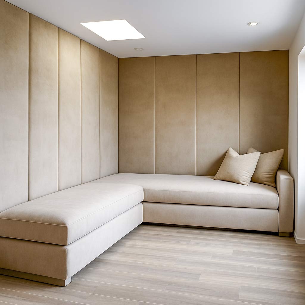 Custom bench seat sofa with a single long cushion by Solo Home Decor upholstered wall panels