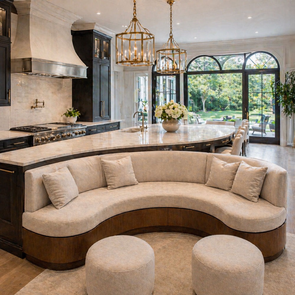 custom curved banquette seating in a luxury kitchen with marble island and upholstered stools