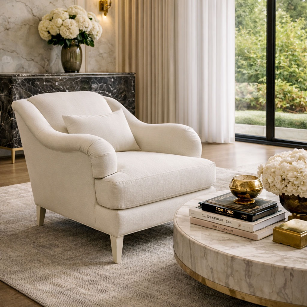 Custom ivory accent chair in a luxury living room with marble coffee table and elegant styling by Solo Home Decor