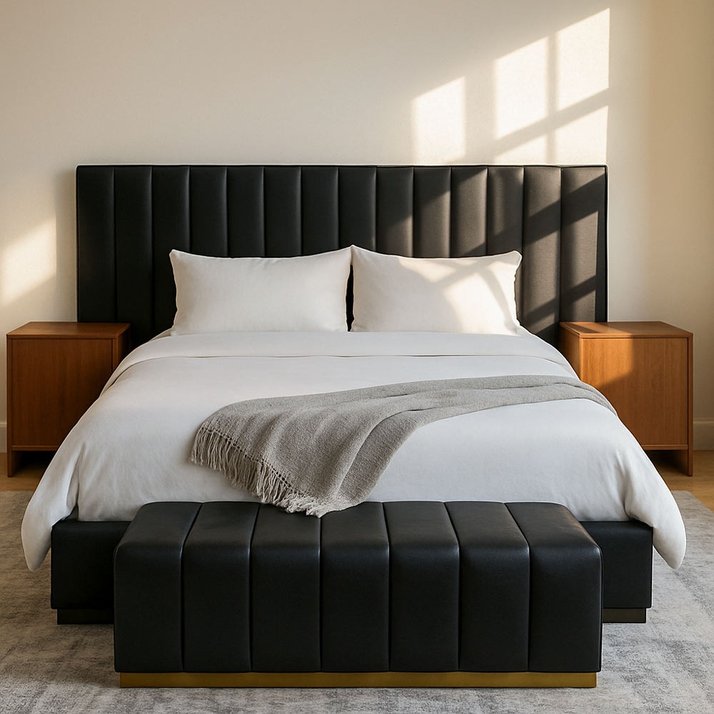 Designer bedroom with a custom wide headboard by Solo Home Decor