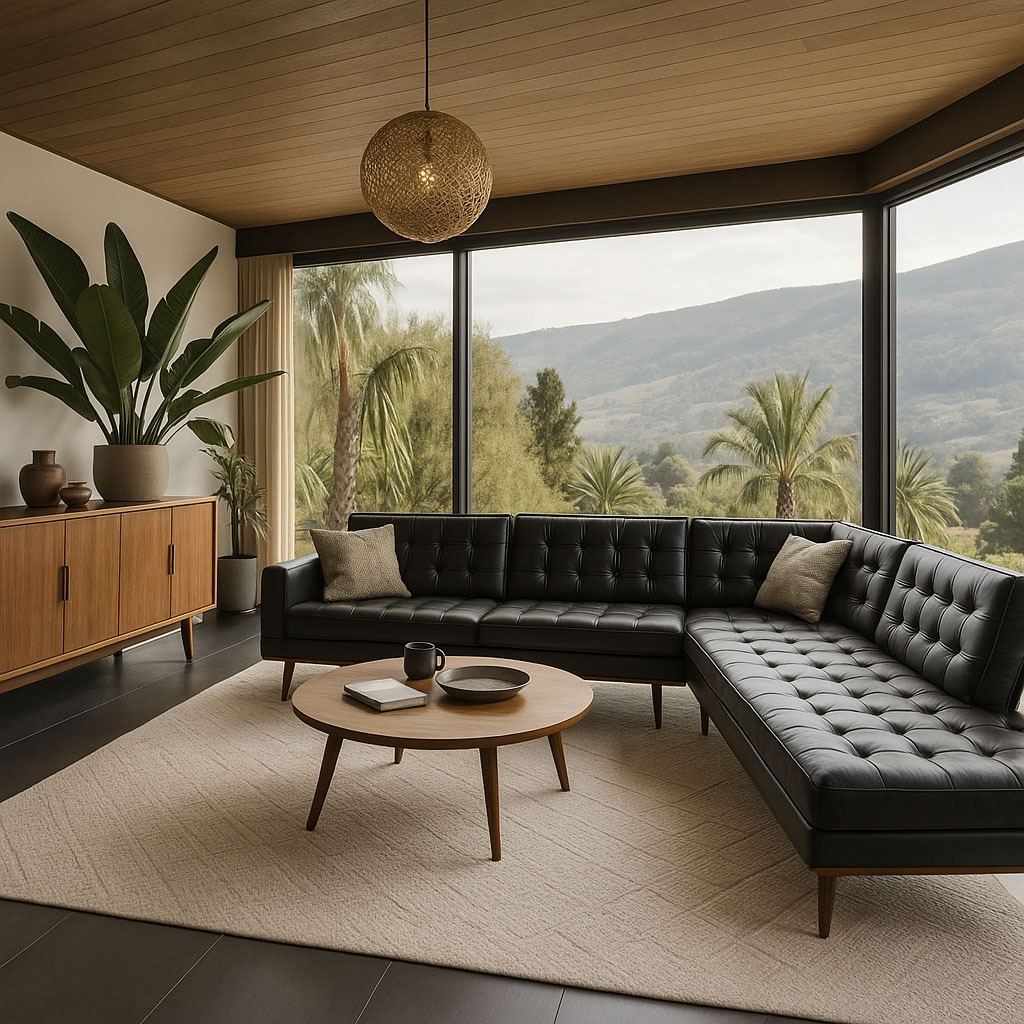Black Mid-Century sectional in a sunlit room with wood ceilings and neutral decor