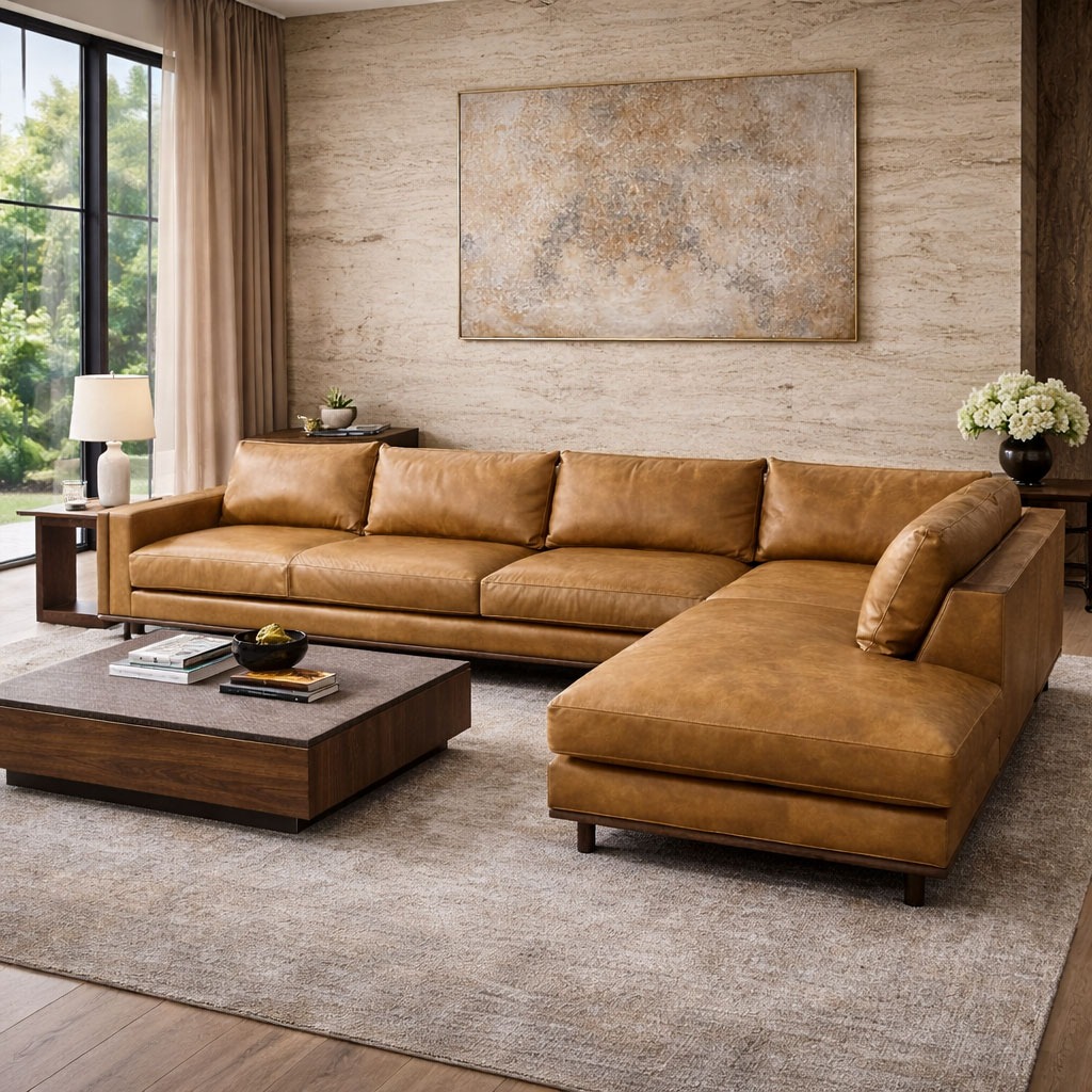 Mid-century modern sectional sofa with warm wood tones by Solo Home Decor