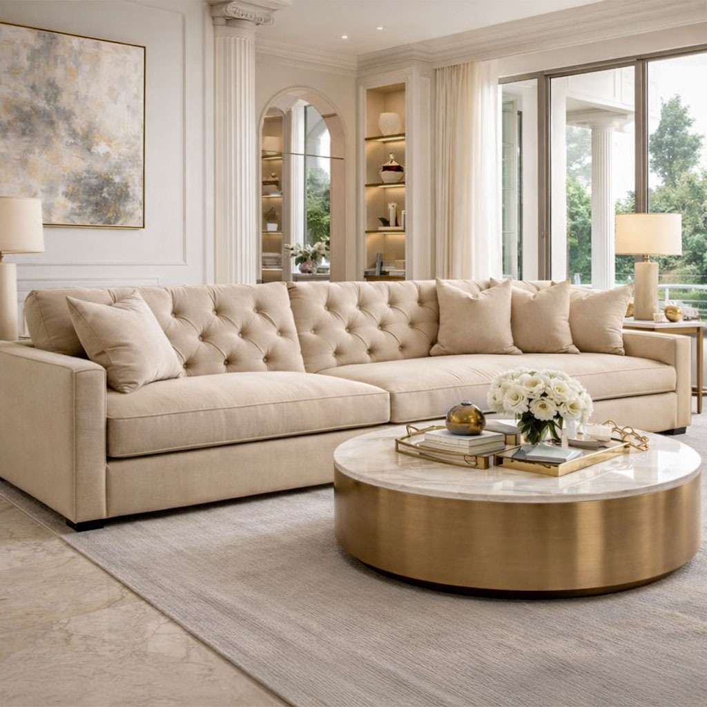 Custom tufted sofa in a refined neutral living room by Solo Home Decor