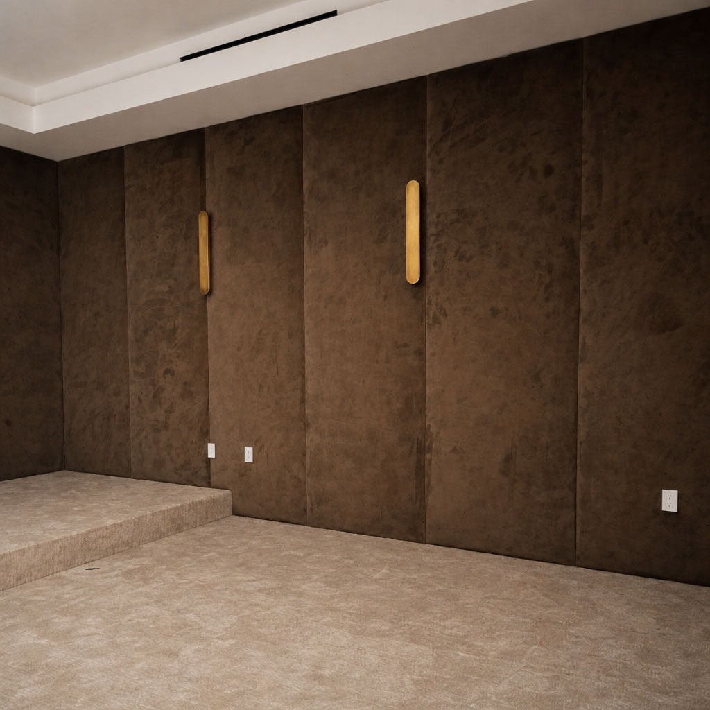 custom home theater wall panels with brass sconces