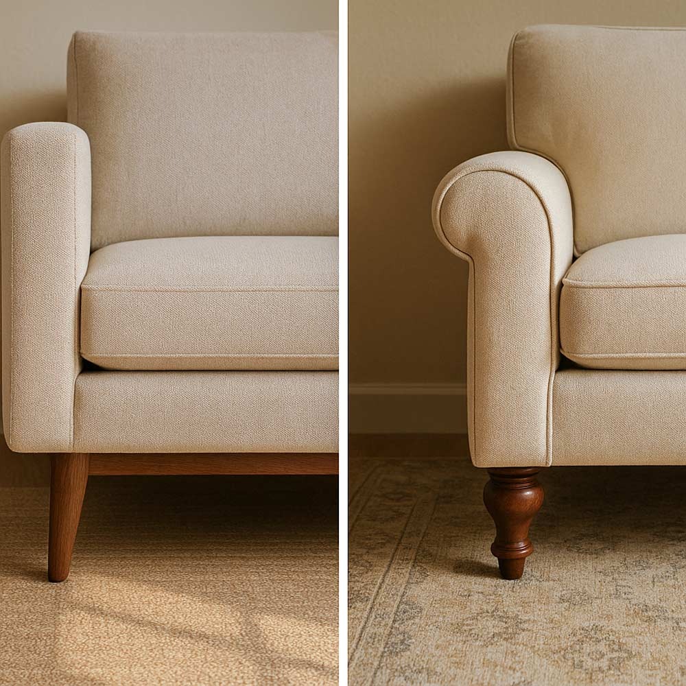 Side-by-side comparison of mid-century tapered sofa legs and rolled-arm transitional sofa design, showing detail and light in