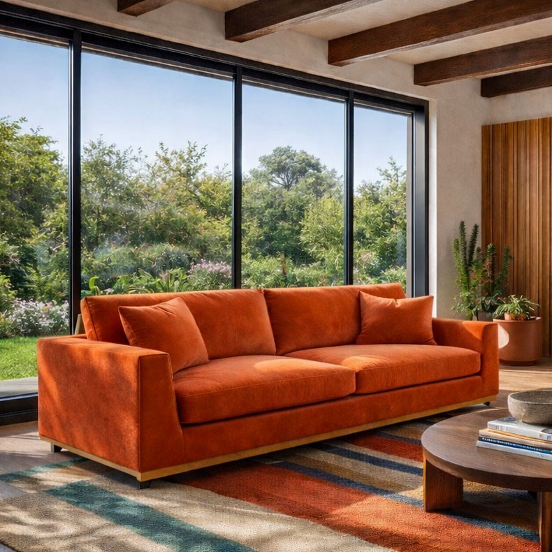 Burnt orange upholstered sofa in a modern living room with large windows, wood ceiling beams, and a colorful area rug.