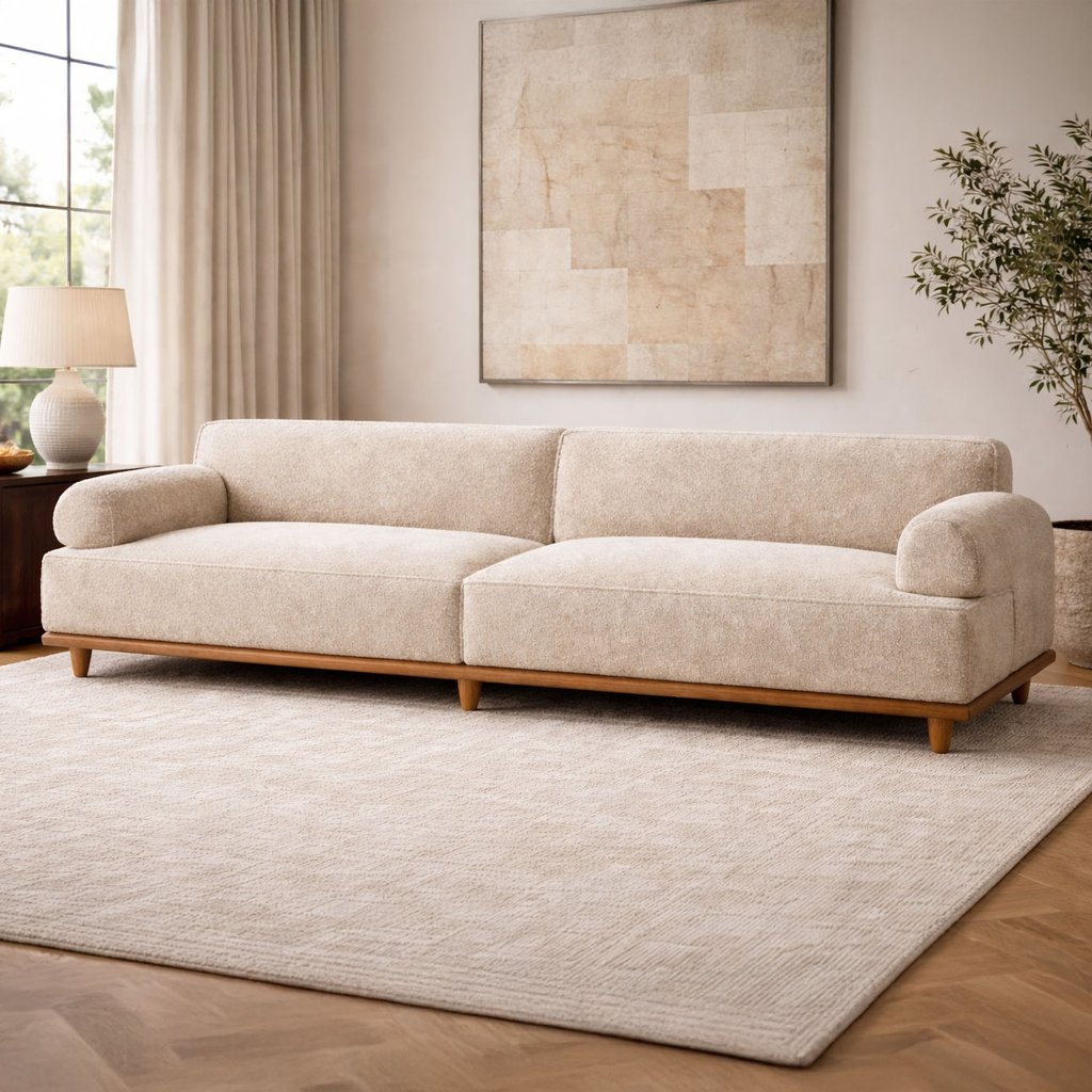 Contemporary living room featuring a large cream upholstered sofa with a wood base, neutral rug, and abstract wall art.