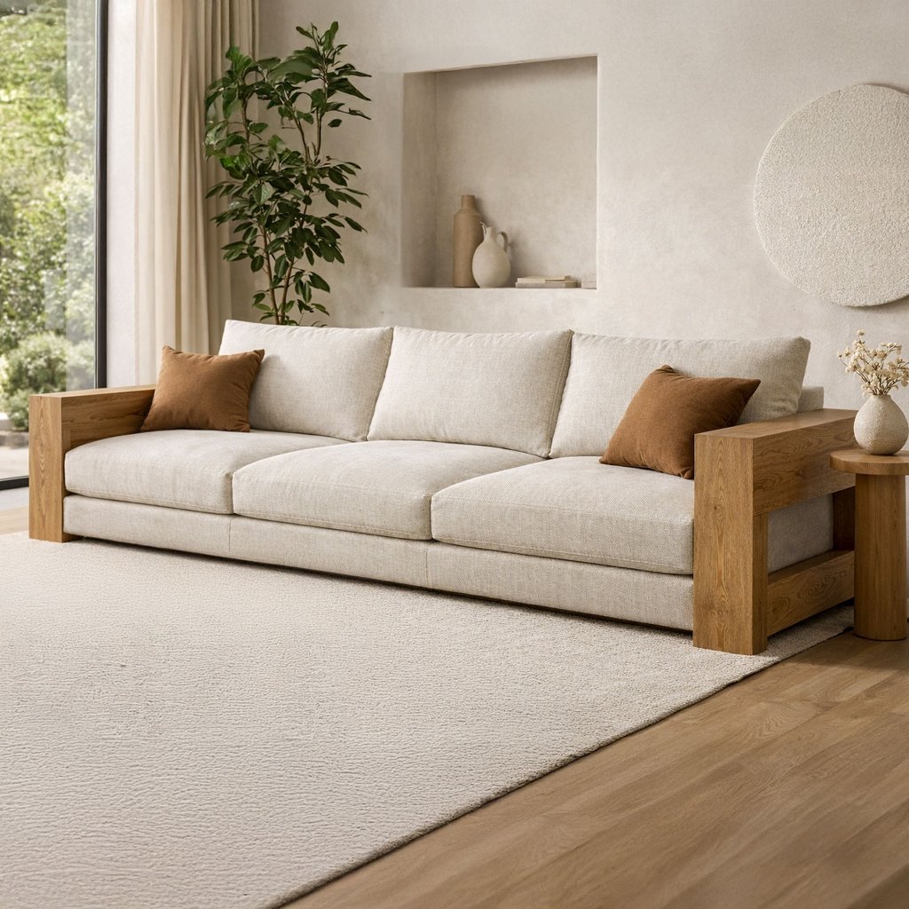 Cream linen sofa with solid wood armrests in a neutral living room with warm accent pillows and natural light.