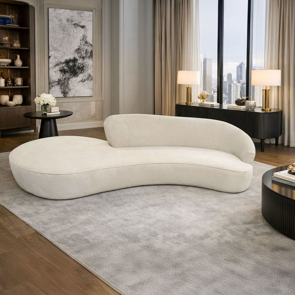 Curved cream sofa in a modern luxury living room with neutral decor, soft area rug, and city-view windows.