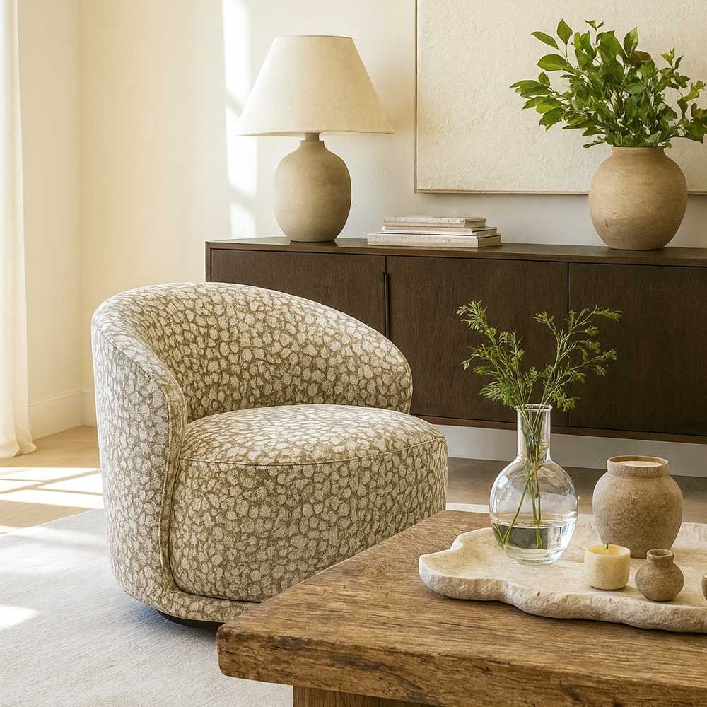 Patterned upholstered accent chair in a living room.