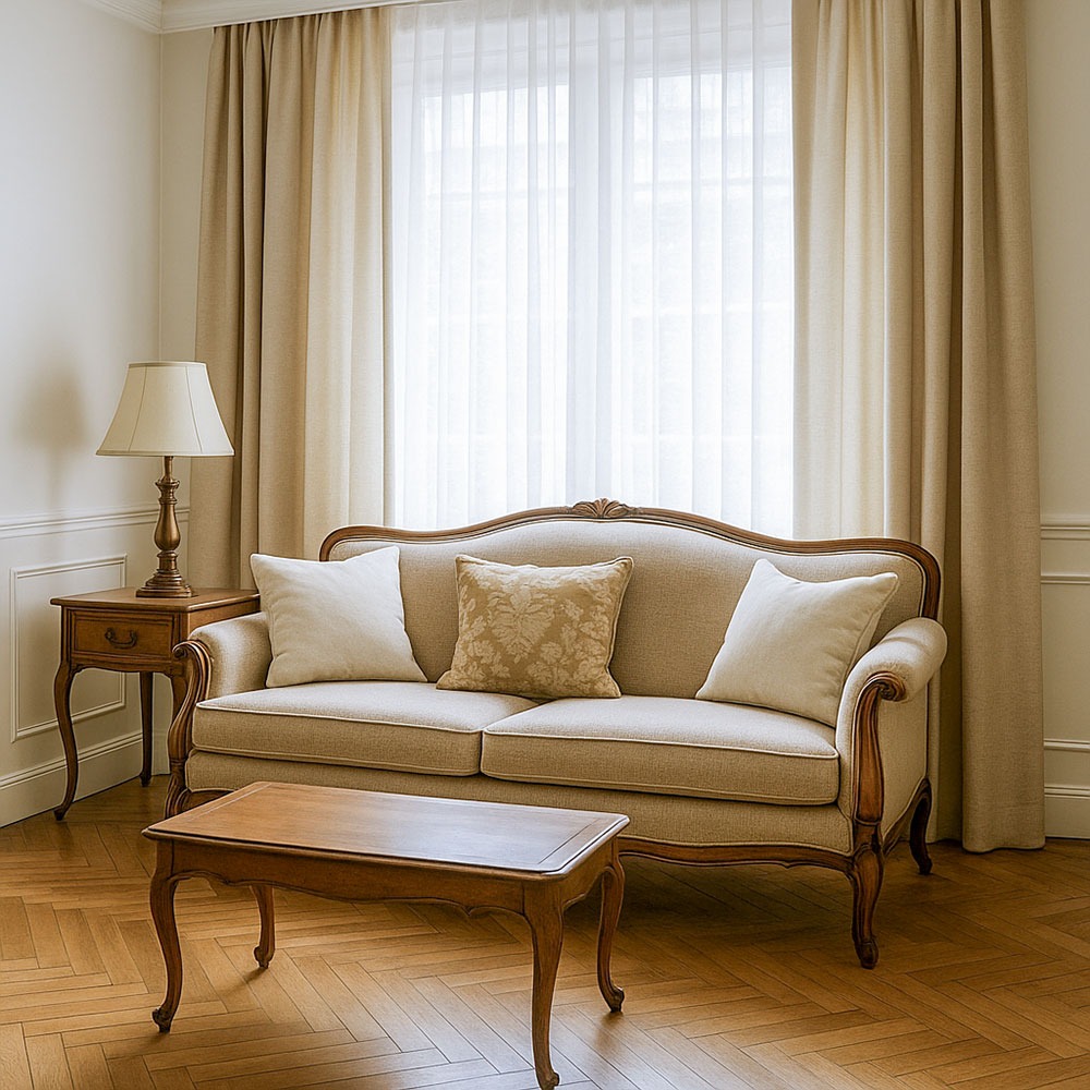 Traditional living room with vintage wood frame sofa, classic coffee table, and neutral drapes by Solo Home Decor.