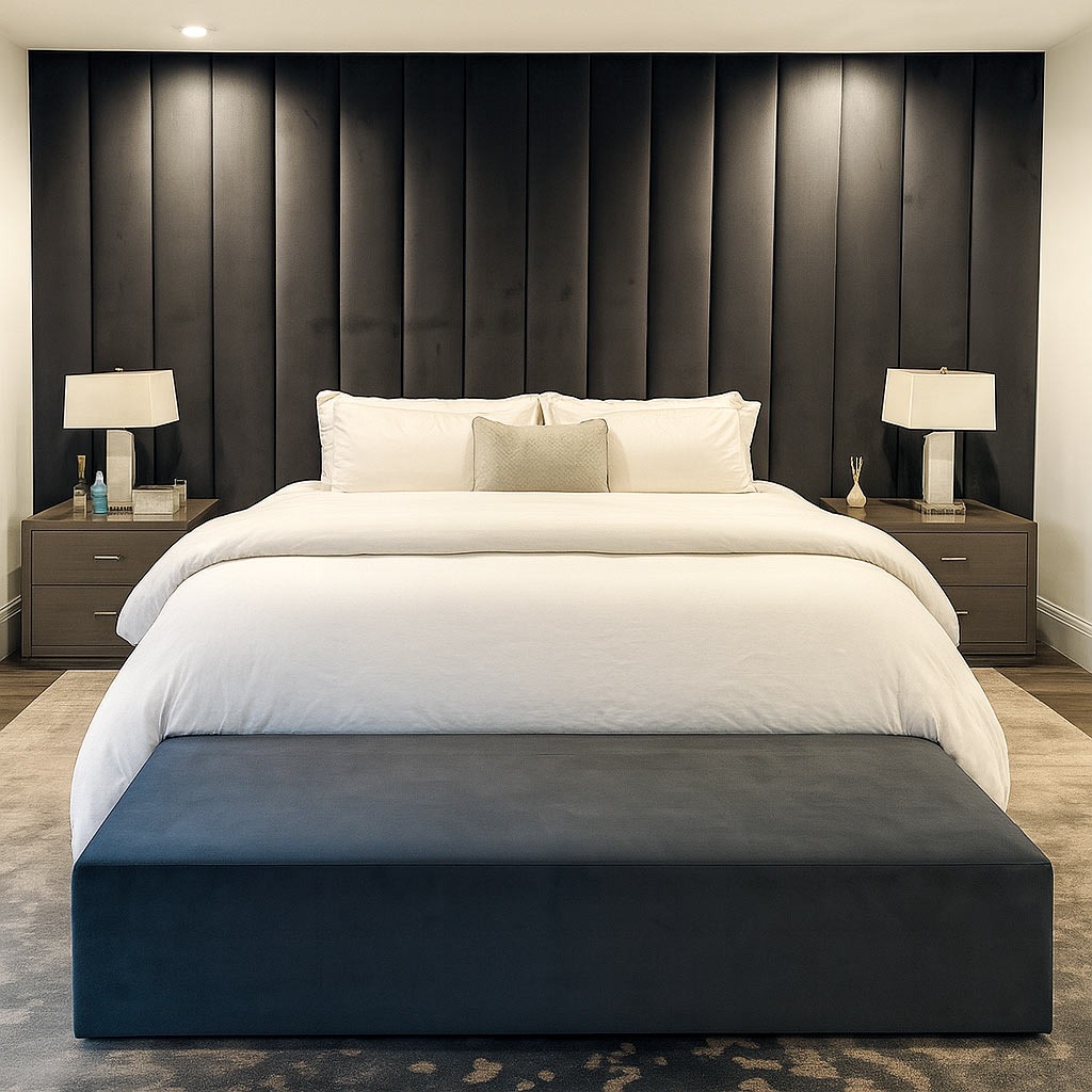 Modern bedroom with full-wall panels and a bench at the foot of a California king bed by Solo Home Decor