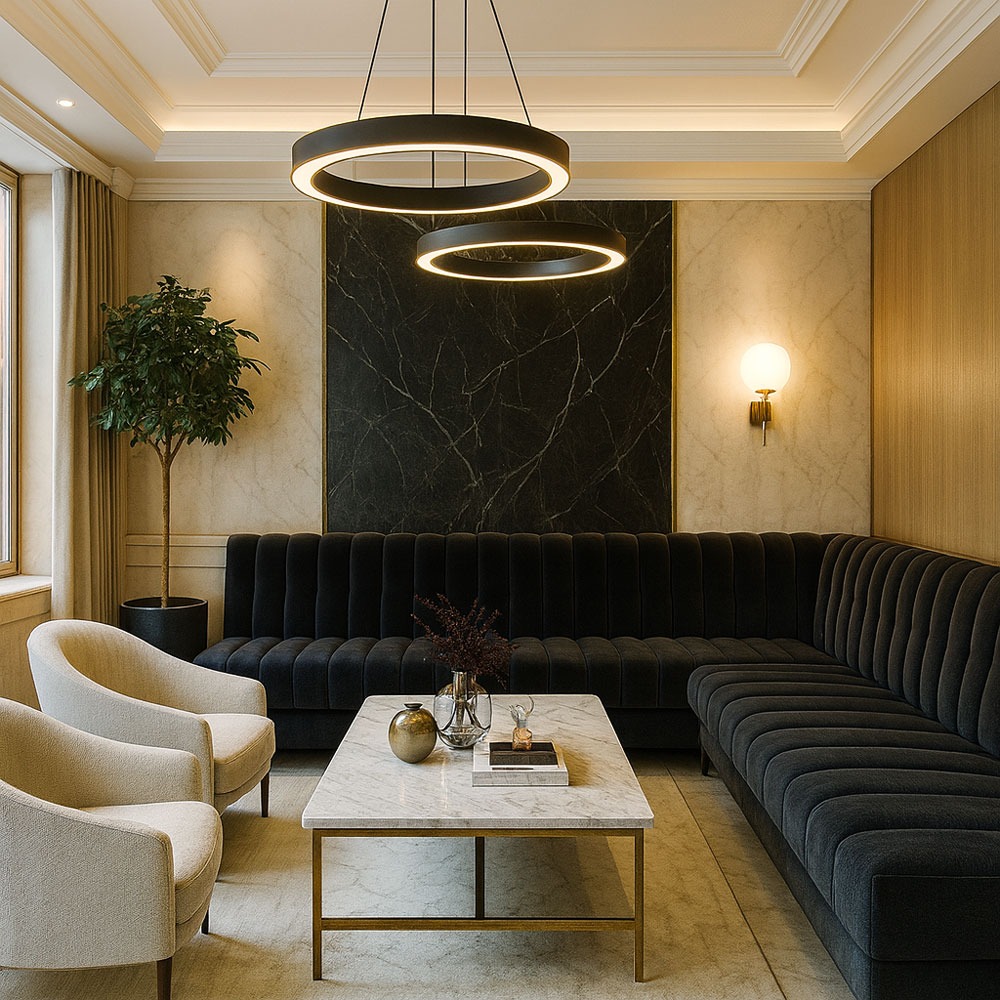Luxurious black velvet banquette with tufted back, crafted by Solo Home Décor for a refined lounge setting in Los Angeles.