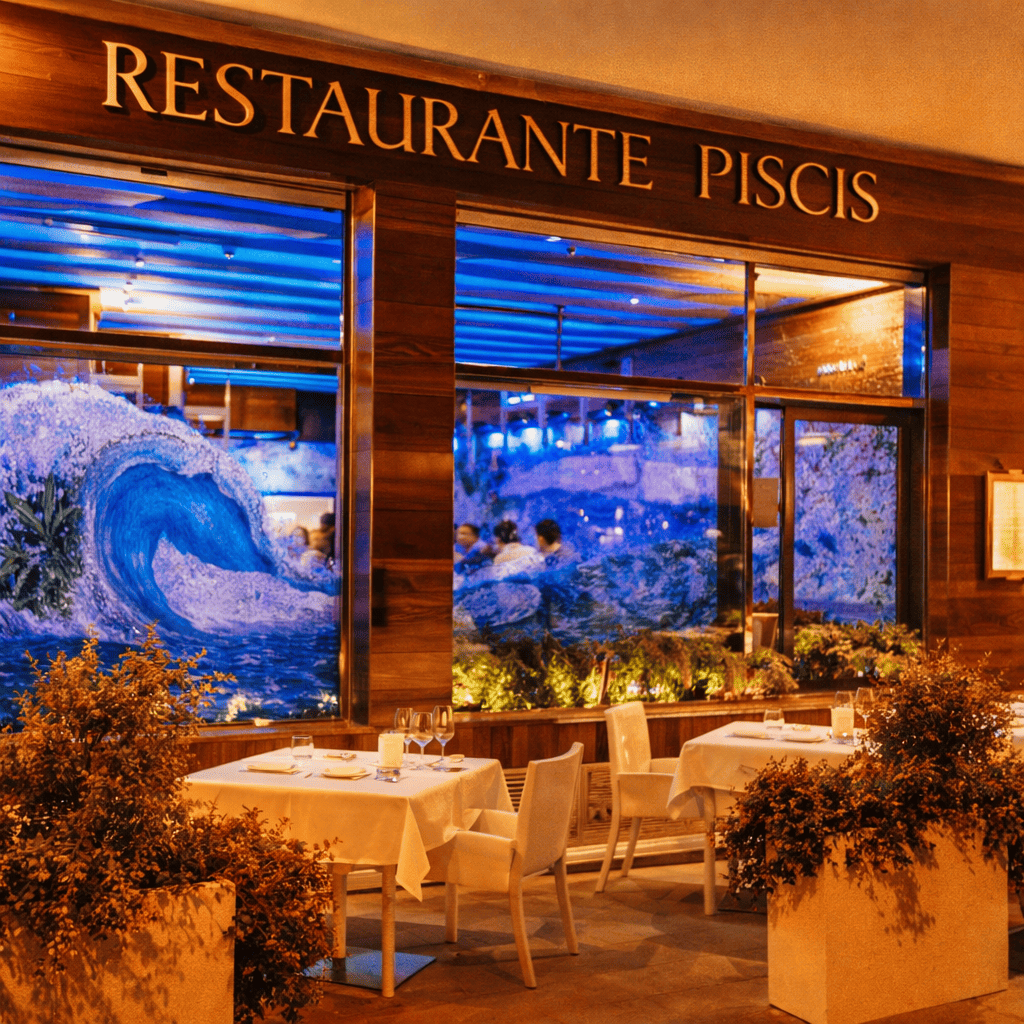 Elegant outdoor dining at Restaurante Piscis with wave murals and set white tables.