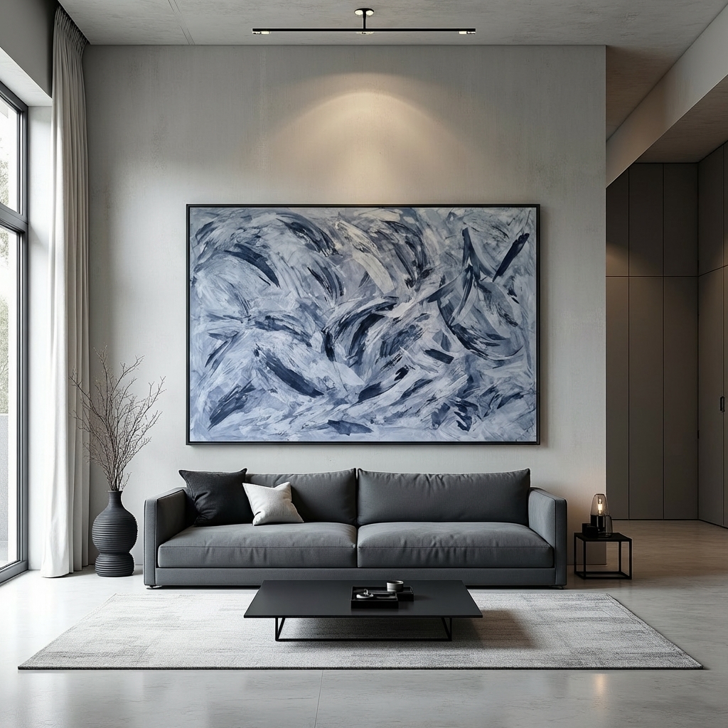 Modern living room featuring a grey sofa, black coffee table, and large blue abstract wall art.