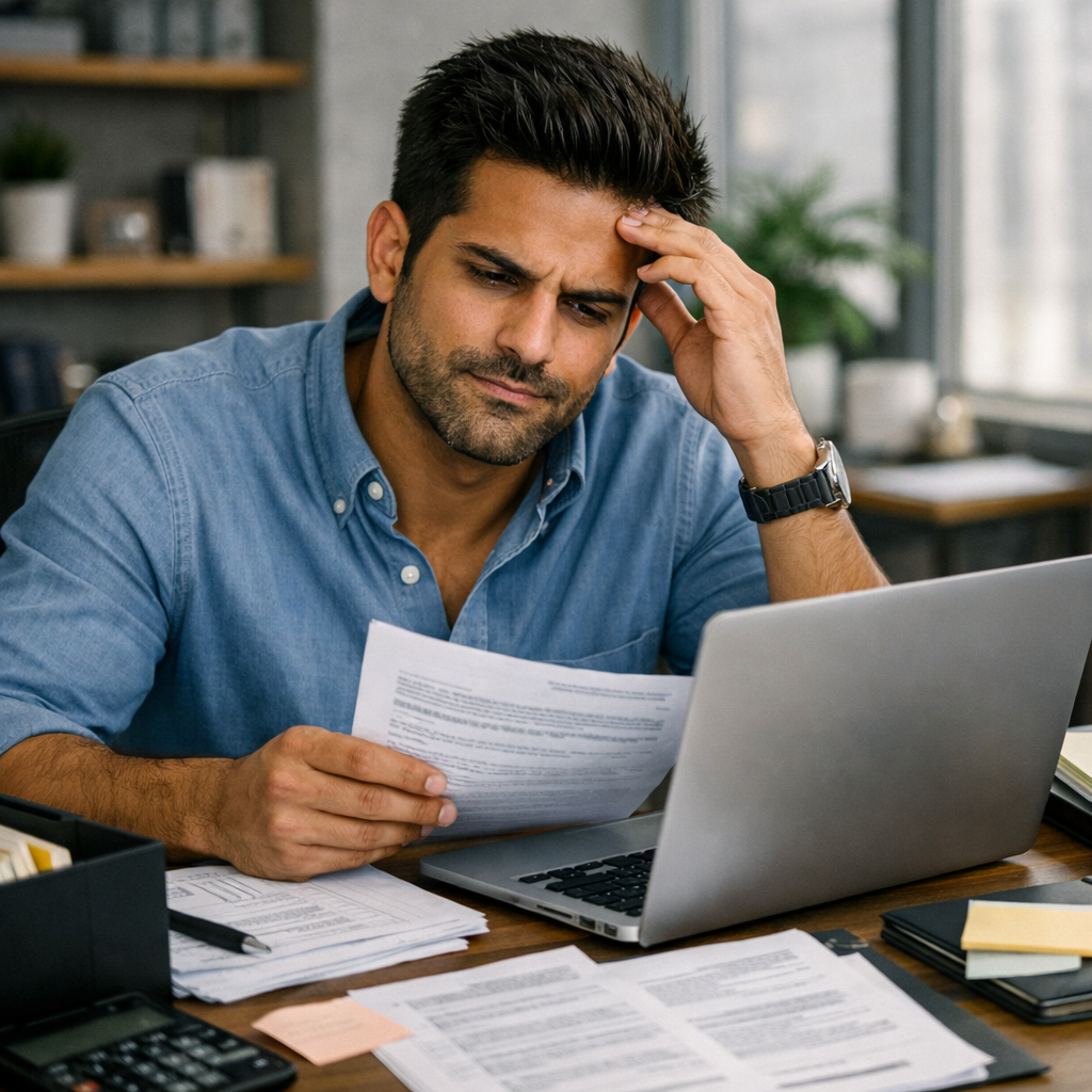 Stressed businessman reviewing financial documents and laptop in a modern home office.