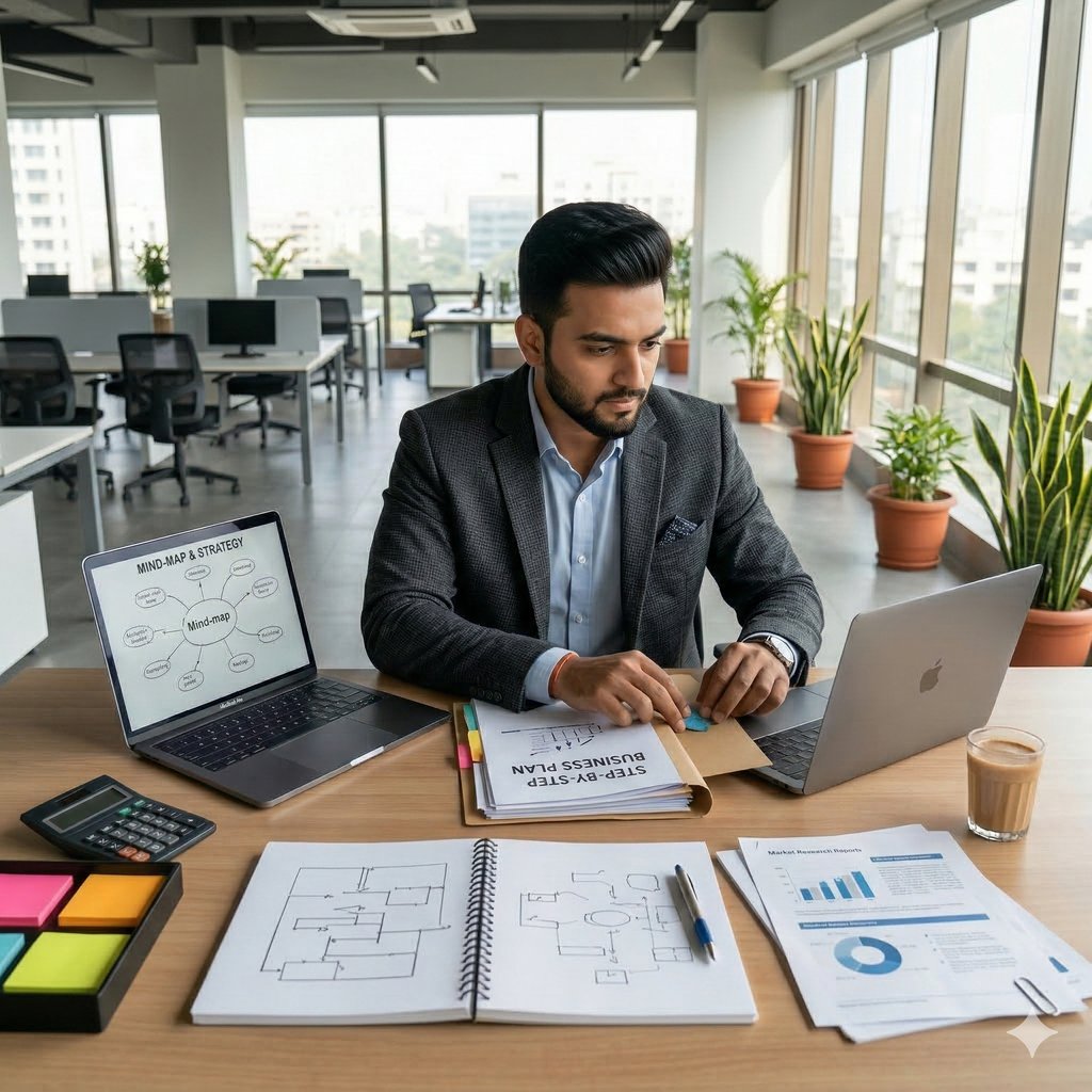 Professional businessman working on a business plan and mind map strategy at a modern office desk.