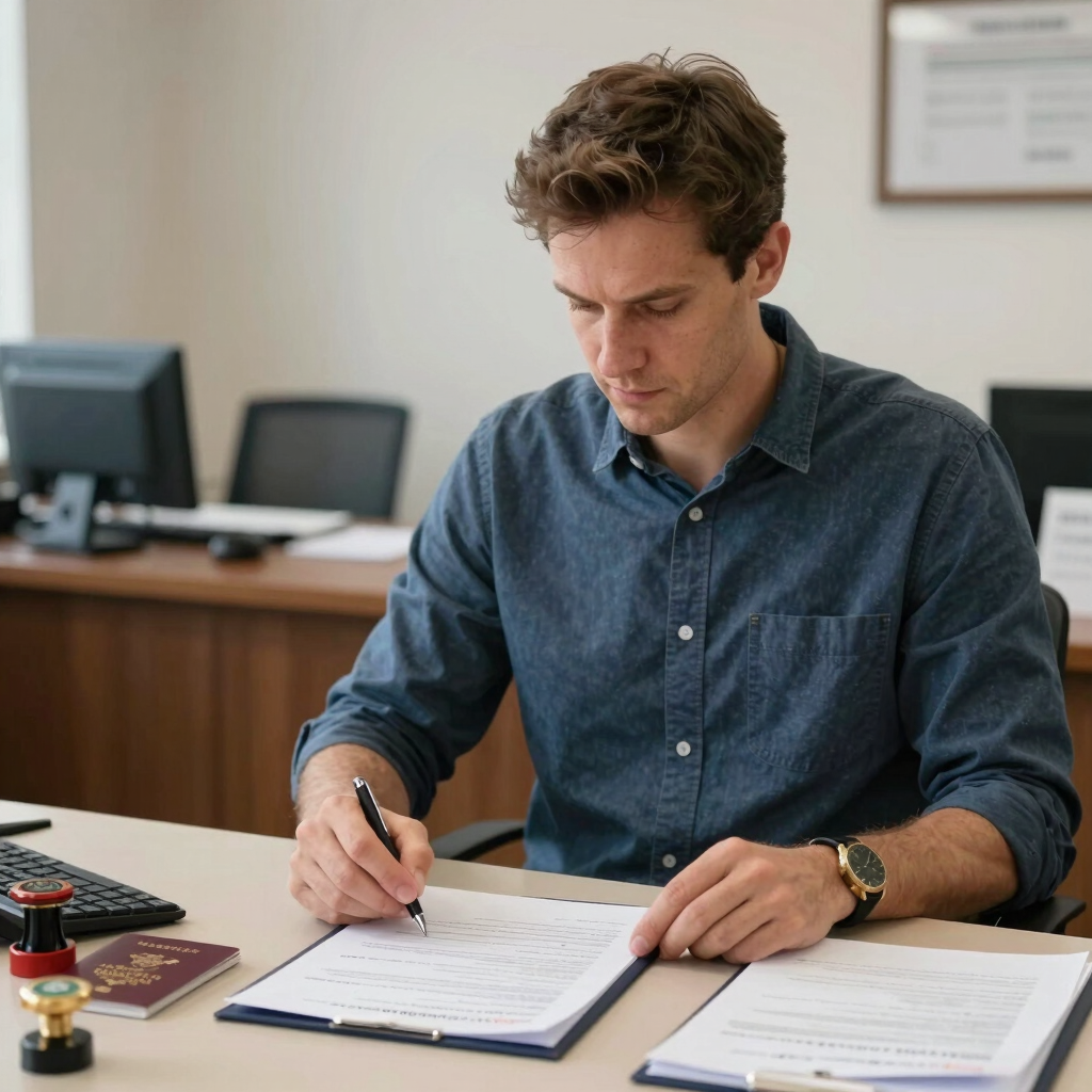 Professional man signing international travel visa documents with passport and stamps at an office desk.