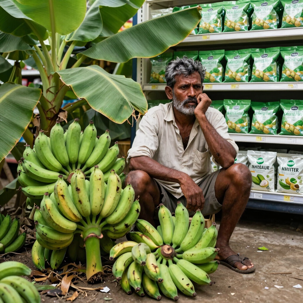 A local farmer selling fresh green banana bunches at a grocery store market stall.