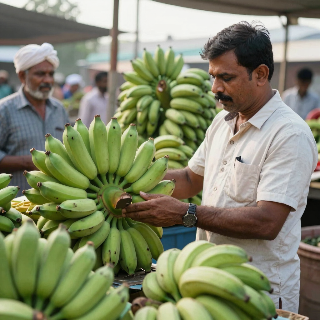 A local vendor inspecting fresh green banana bunches at a vibrant outdoor fruit market.