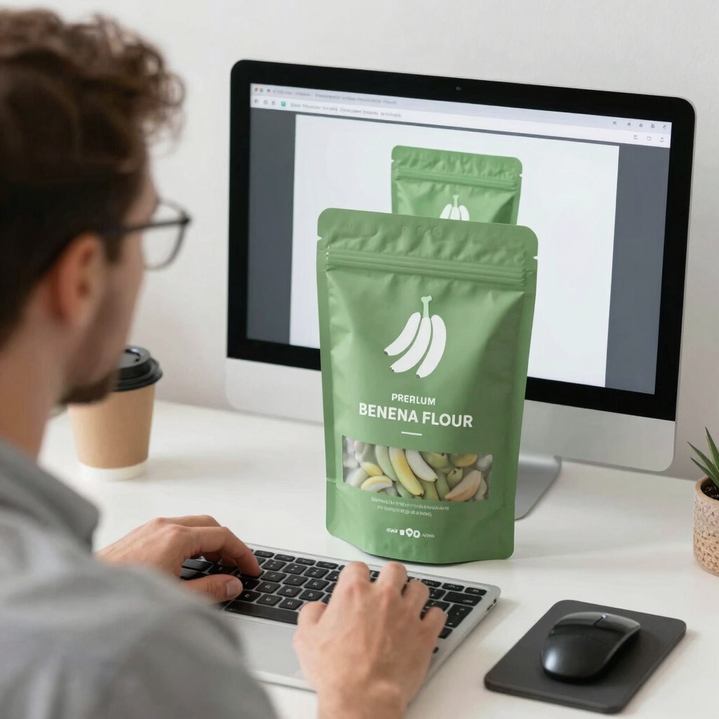Graphic designer working on green premium banana flour pouch packaging design on a desktop computer.