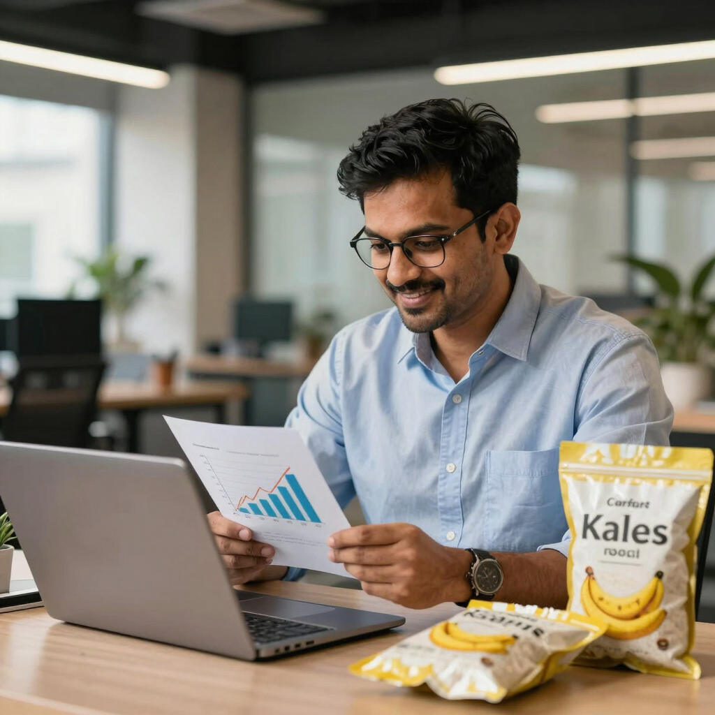 A businessman reviews data charts while snacking on healthy kale chips at his office desk.