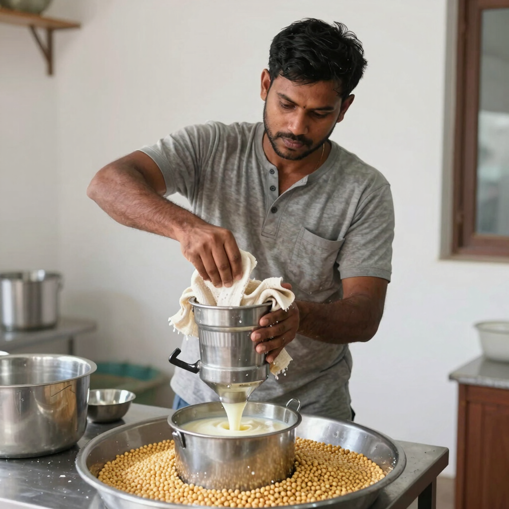 A man uses a cloth filter and metal press to strain fresh soy milk from organic soybeans.