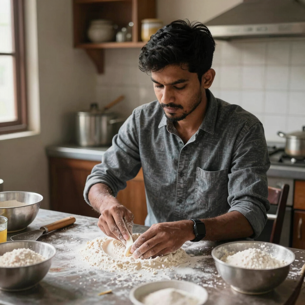 A male chef kneading dough on a flour-covered kitchen counter for homemade bread.