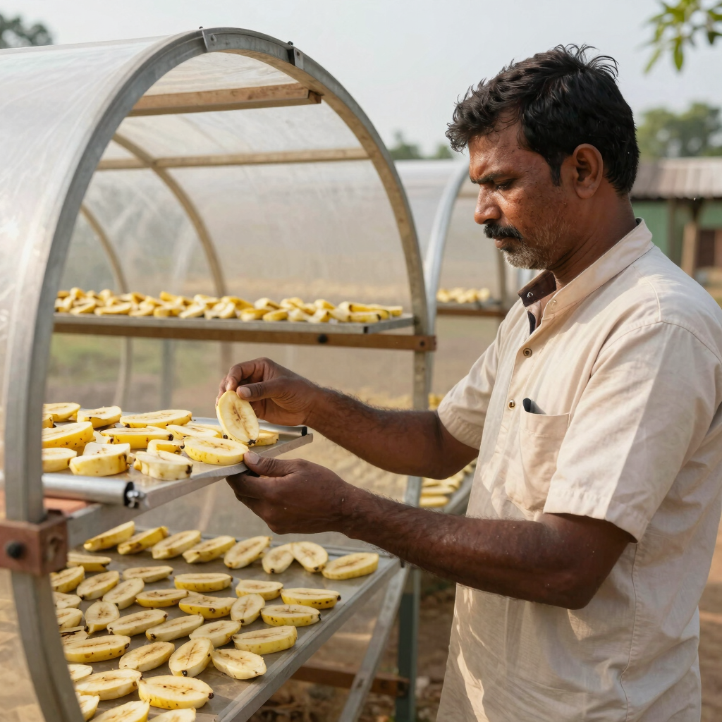 A farmer inspects sliced bananas on racks inside a solar dryer for organic fruit processing.