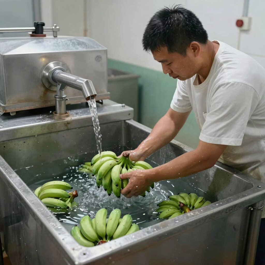 A worker washing bunches of fresh green bananas in a stainless steel water tank.