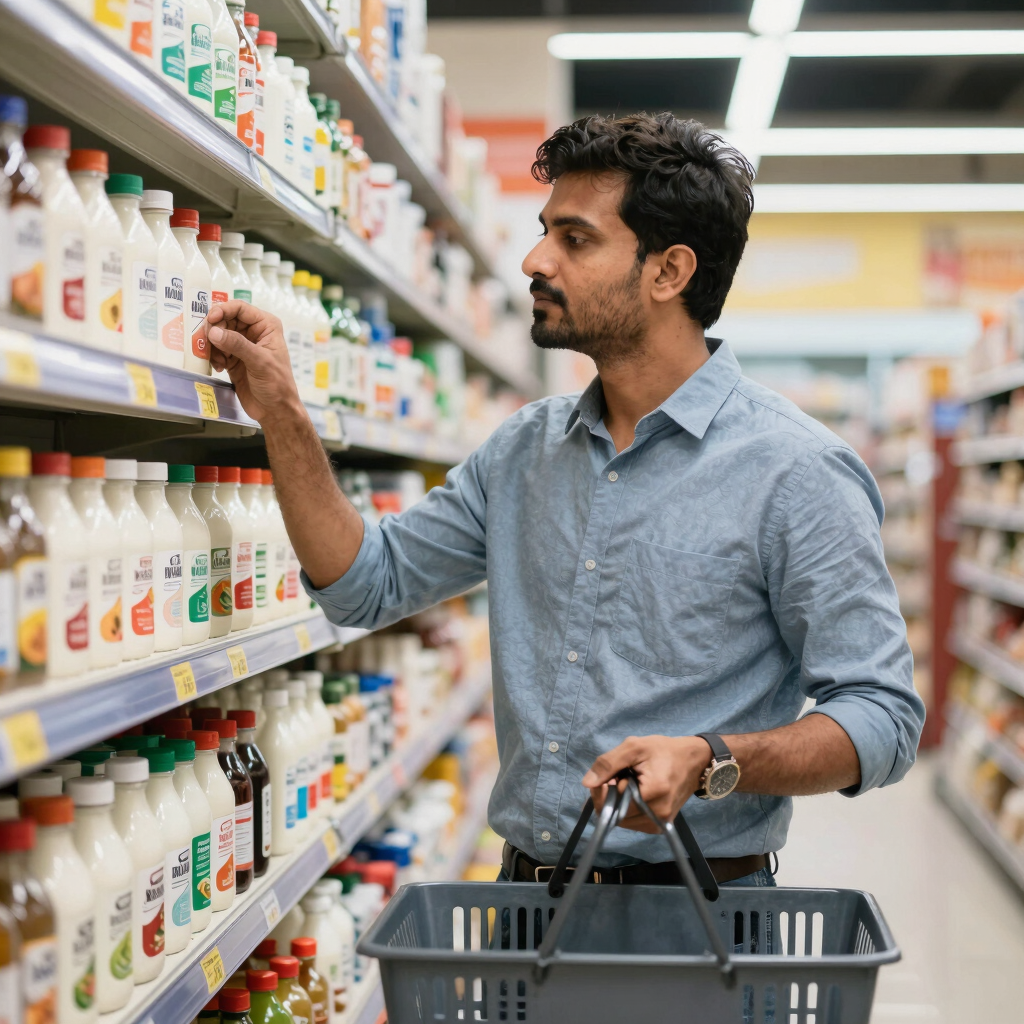 A man in a blue shirt shopping for bottled beverages in a grocery store aisle.