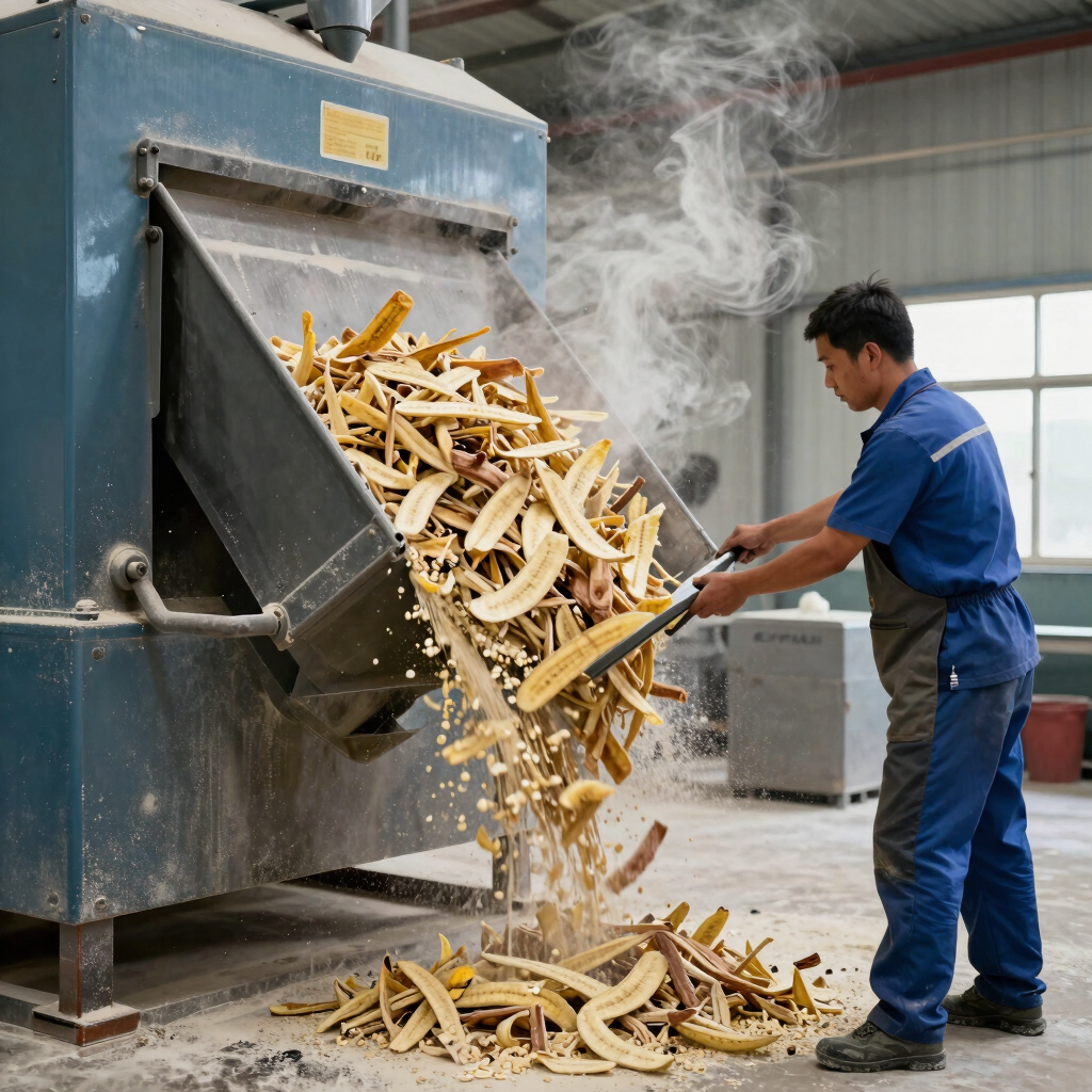 A factory worker processes banana peels into organic waste for recycling and compost production.