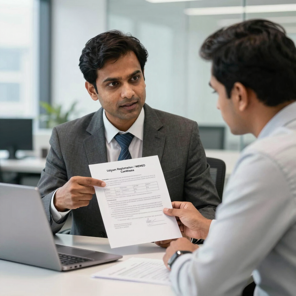 Professional consultant showing a client an Udyam Registration Certificate for MSME business in an office.