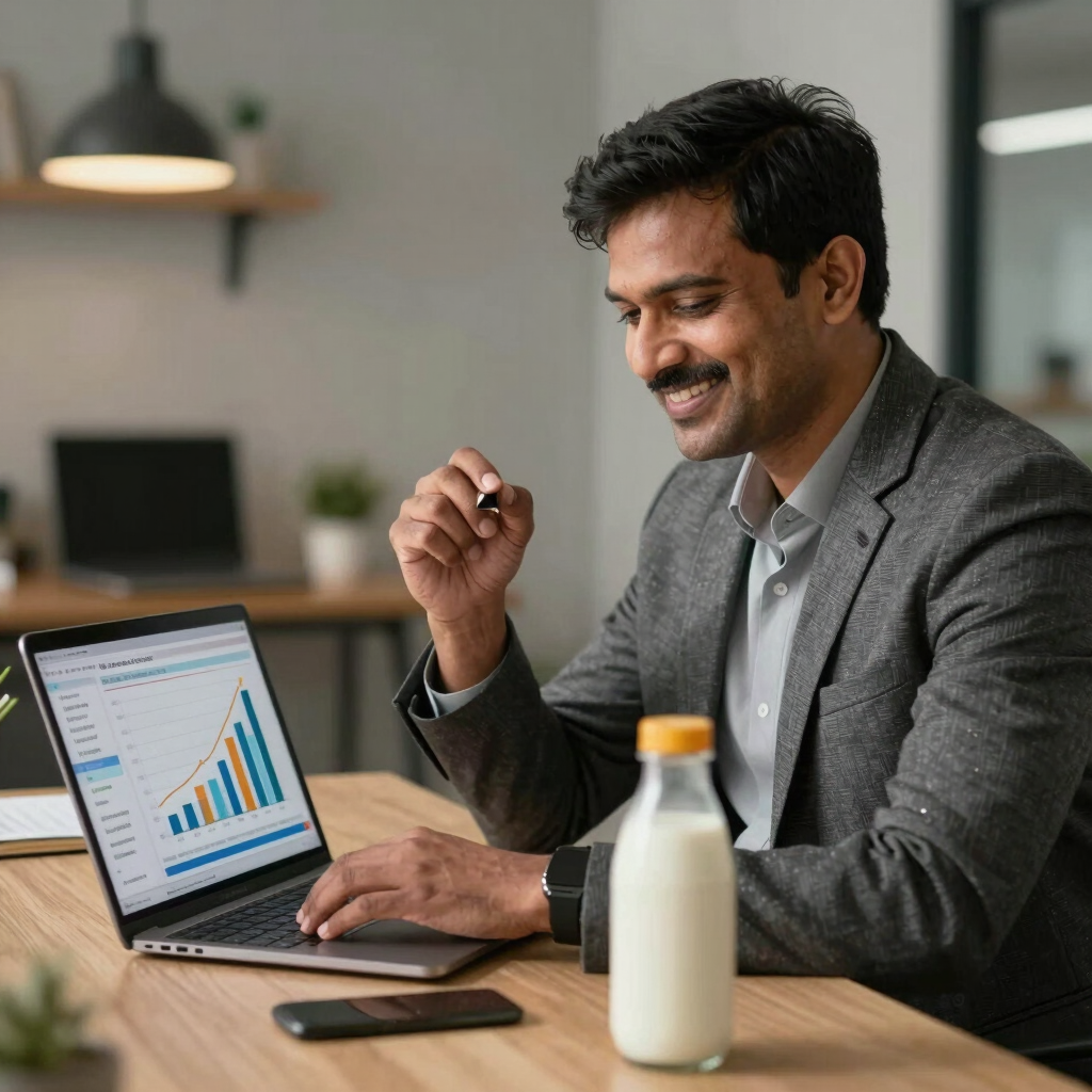 Smiling businessman reviewing sales growth data on a laptop while working in a modern office.