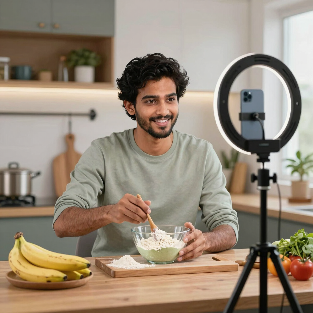 Smiling man filming a cooking tutorial using a smartphone and ring light in a kitchen.