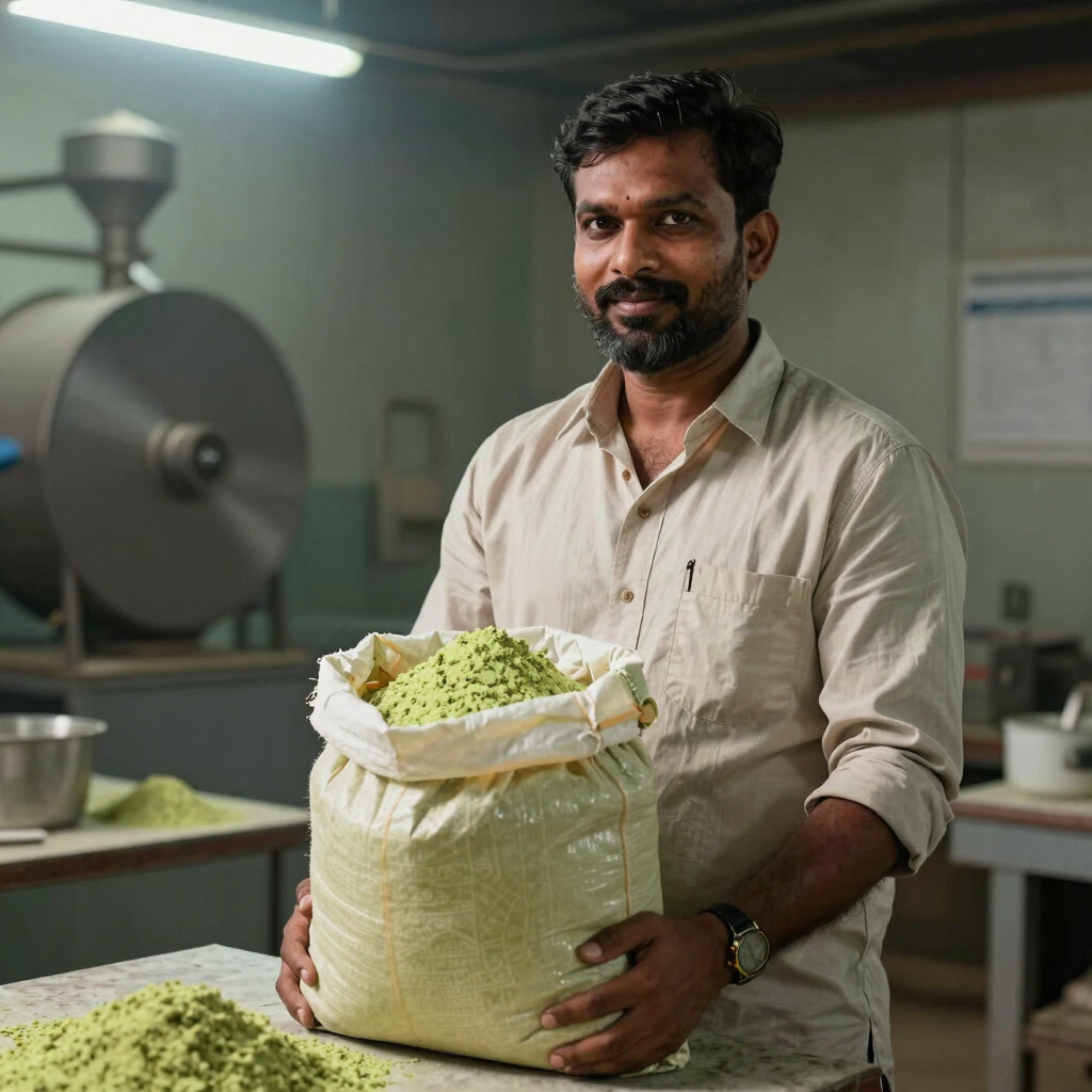 A worker in a food processing facility holding a large sack of organic green herbal powder.