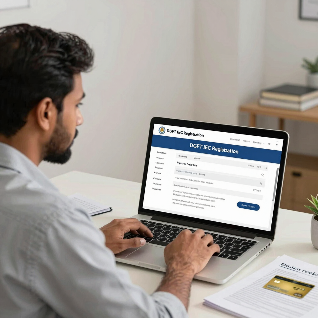A man using a laptop for DGFT IEC registration online for import export business.