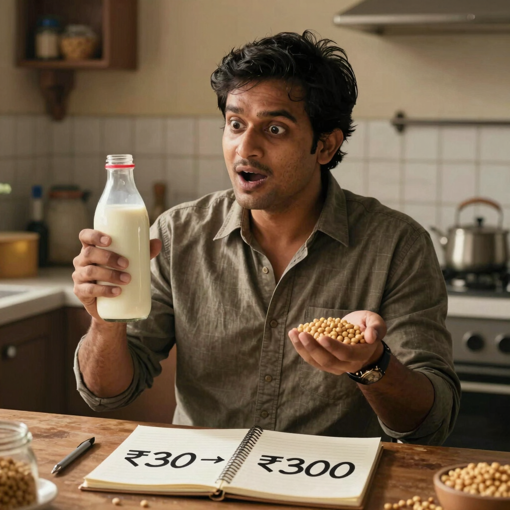 Surprised man comparing cost of soy milk and soybeans for budget-friendly vegan dairy alternatives.