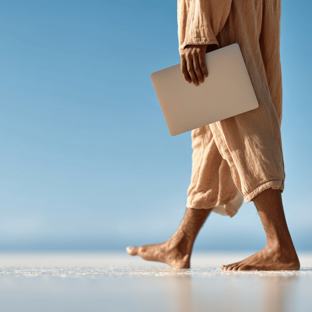 a man walking on the beach with a laptop