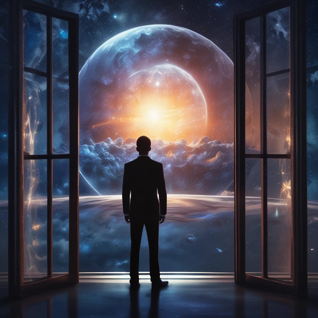 a man in a suit and tie standing in front of a window with the words