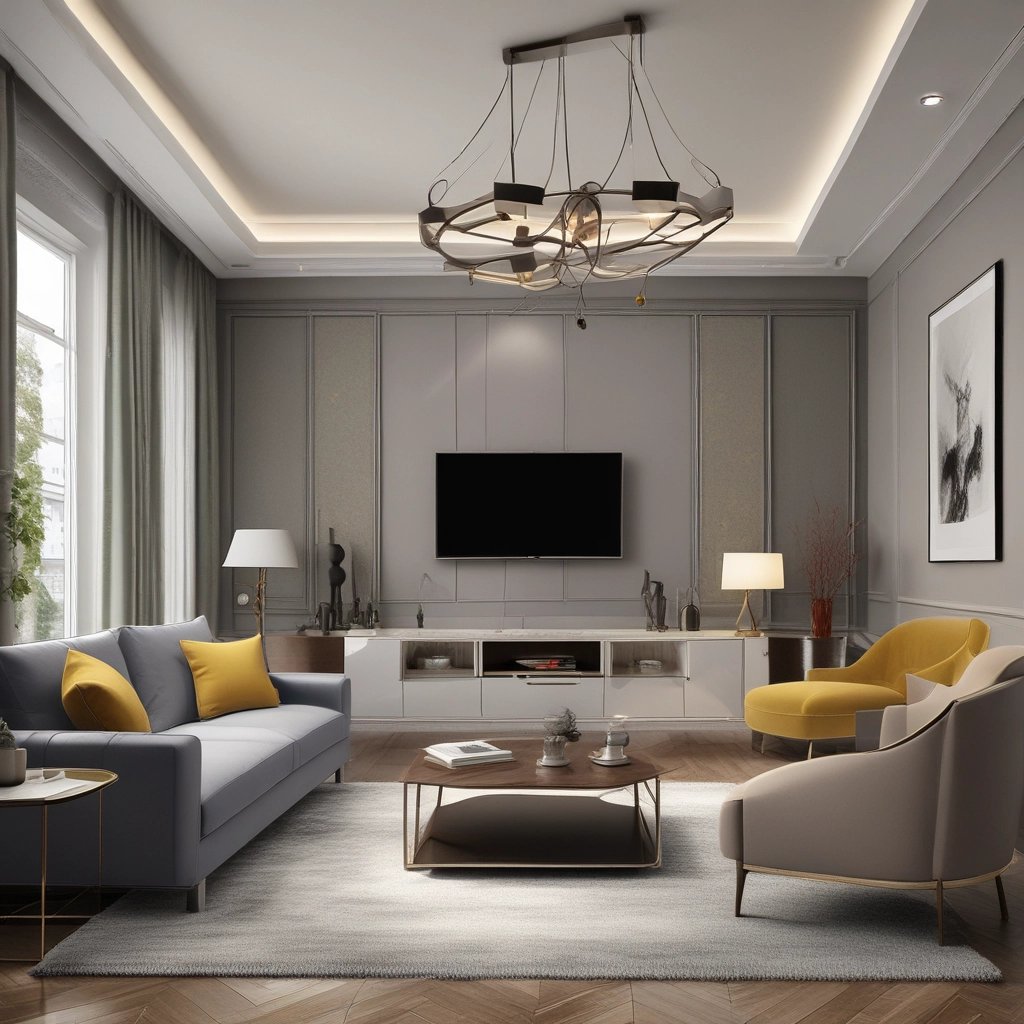 Modern grey living room featuring a wall-mounted TV, yellow accent chairs, and an artistic chandelier.