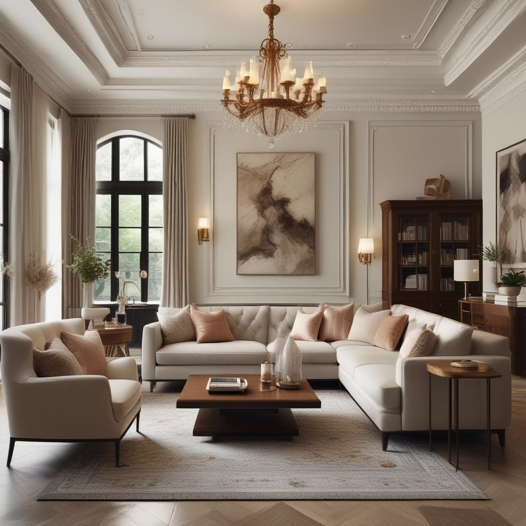 Elegant luxury living room featuring a cream sectional sofa, gold chandelier, and modern interior decor.