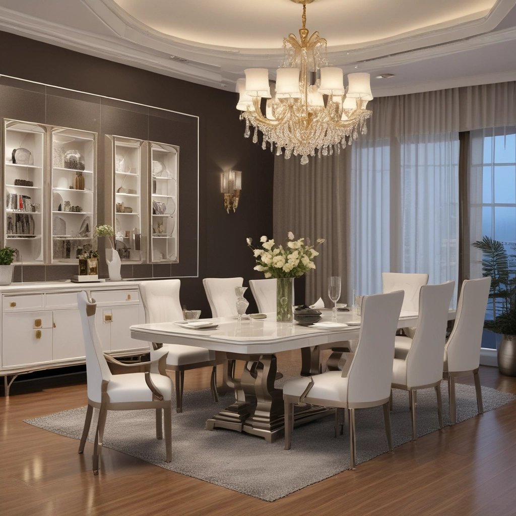 Luxury dining room featuring a white marble table, elegant white chairs, and a crystal chandelier.