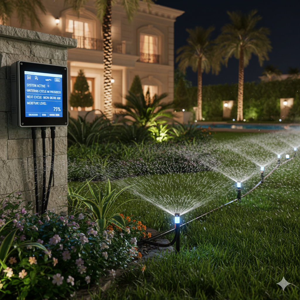 Smart irrigation system with a digital control panel watering a luxury villa garden at night.