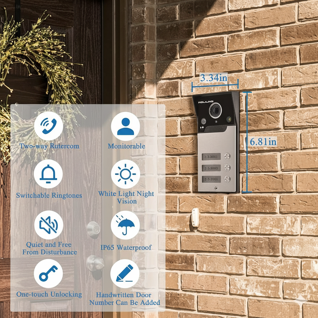 Smart video intercom system with night vision and waterproof outdoor camera mounted on a brick wall.