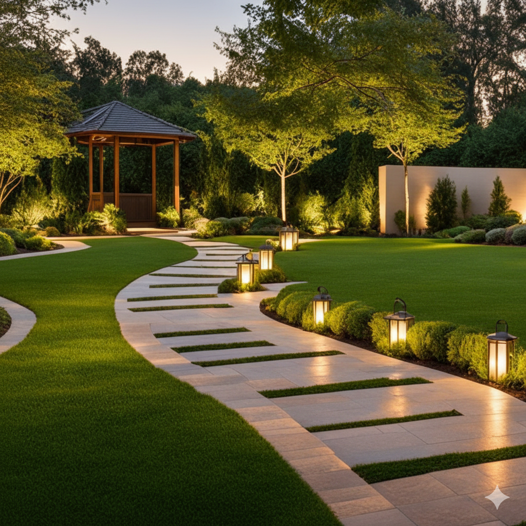 Illuminated garden pathway with modern landscape lighting and a wooden gazebo at twilight.