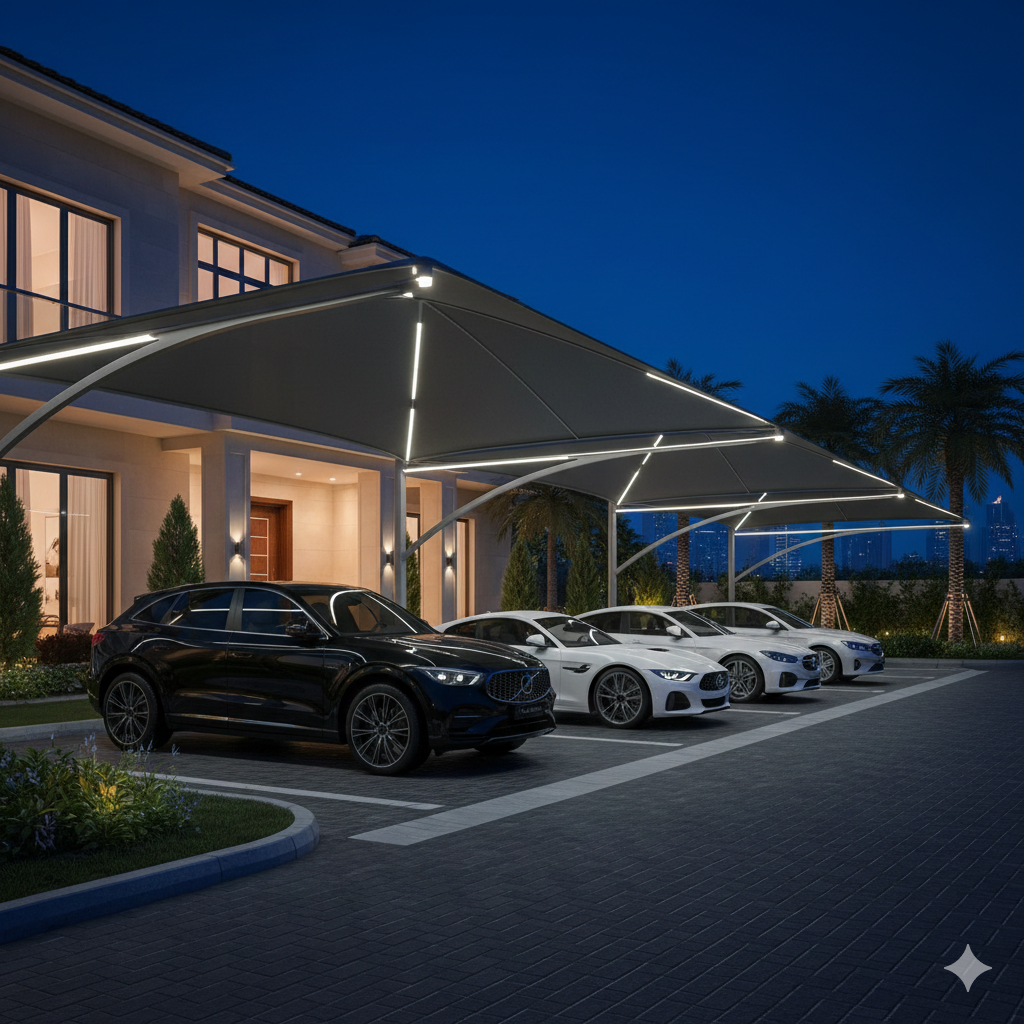 Modern  luxury carport with LED lighting protecting cars parked at a residential villa. park shade