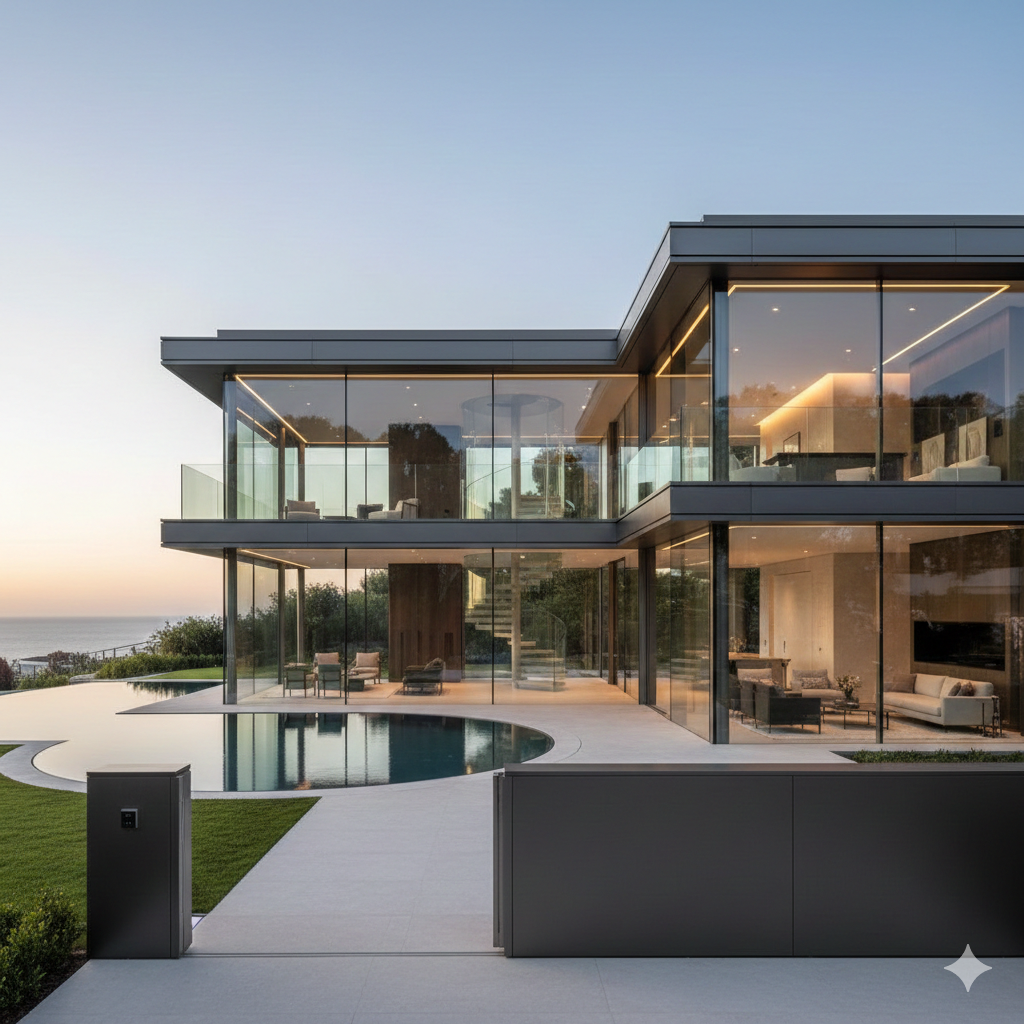Luxury modern glass villa with an infinity pool and ocean view at sunset, featuring minimalist contemporary architecture.