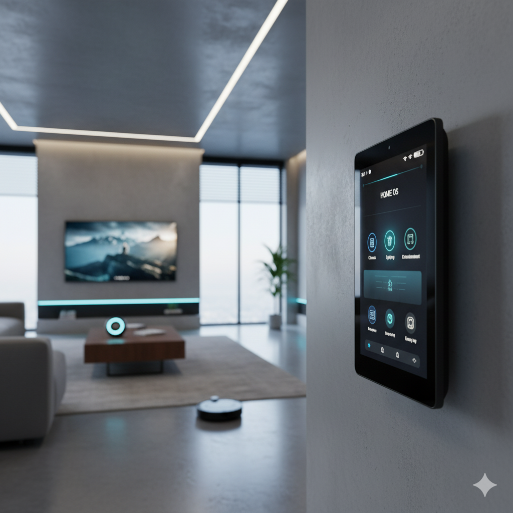 Smart home control panel mounted on a wall in a modern living room with a robot vacuum.