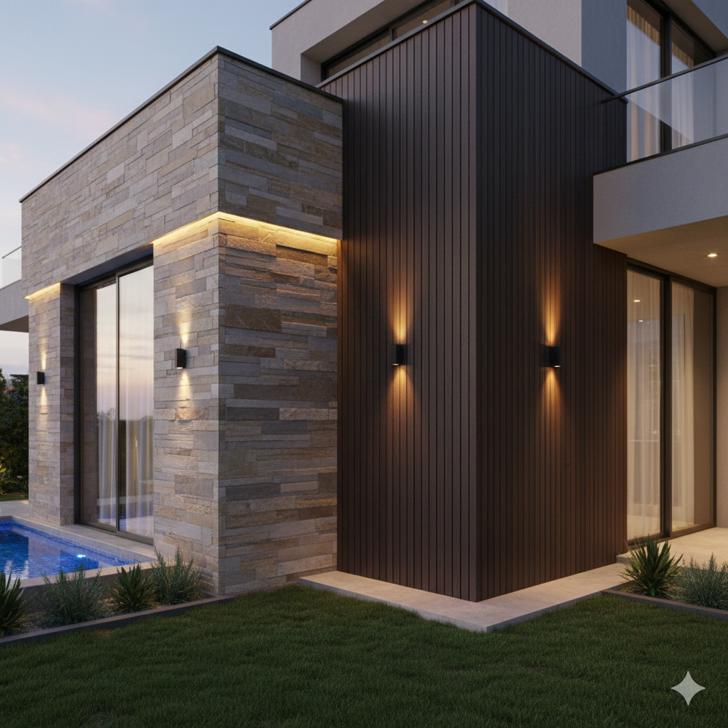 Modern luxury home exterior featuring stone cladding, wood siding, and warm LED lighting by a pool.